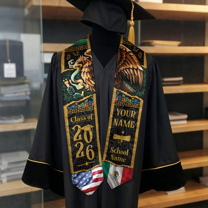 Custom Mexican Graduation Stole Mexico USA Flag Aztec Eagle Serape Gold Class 2026