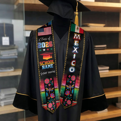 Custom Mexican Graduation Stole Mexico Sash Aztec Floral Butterfly Serape 2026