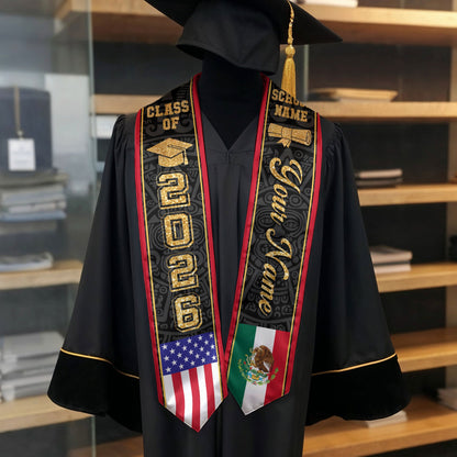Mexican Graduation Stole Custom Name Mexico Sash Aztec Gold Glitter USA Flag 2026
