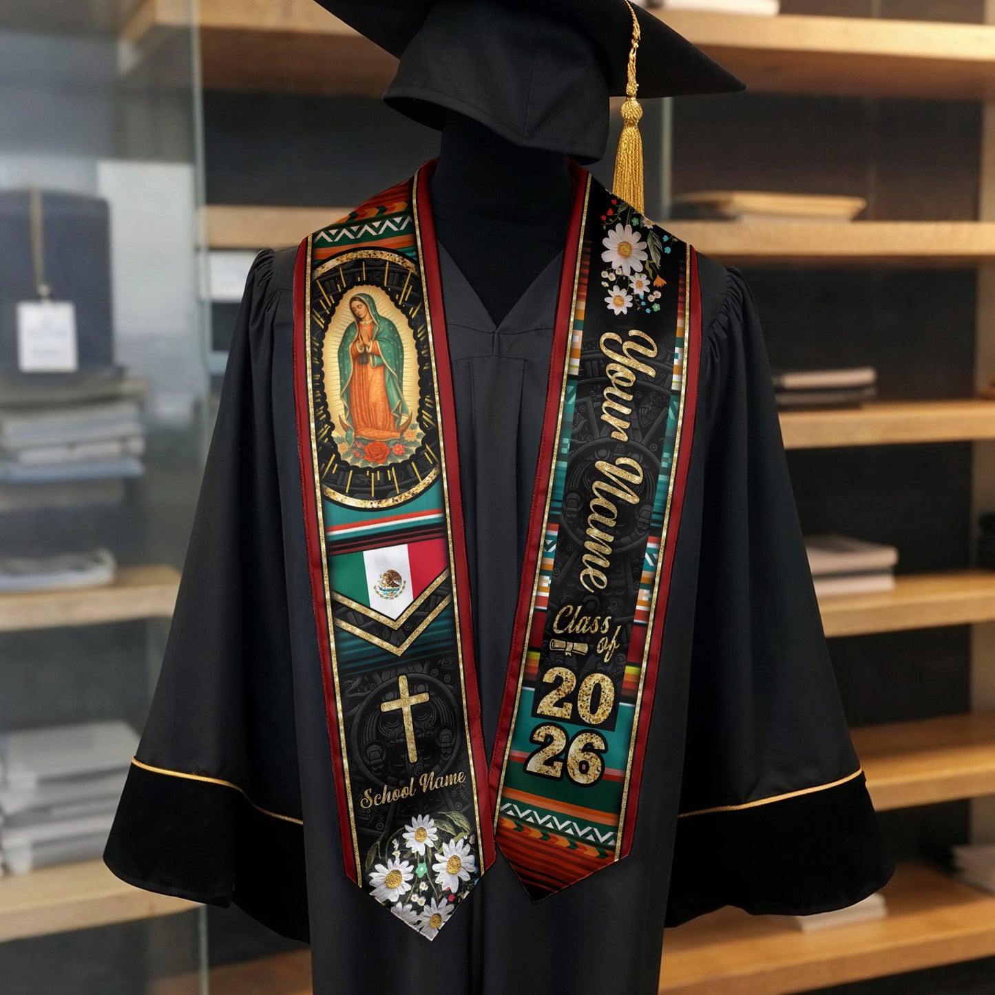 Customized Mexican Graduation Stole with National Flag Design, Graduation Sash for Class of 2026