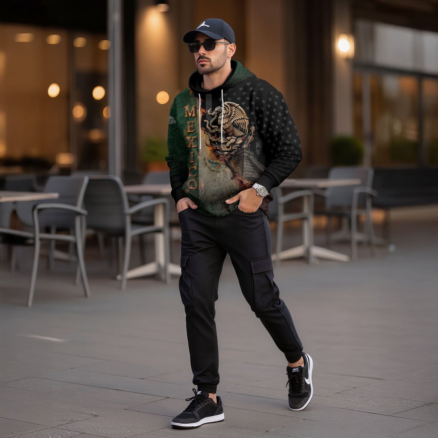 Mexico Flag Golden Eagle Fire Aztec Pyramid Heritage Power Warrior Hoodie