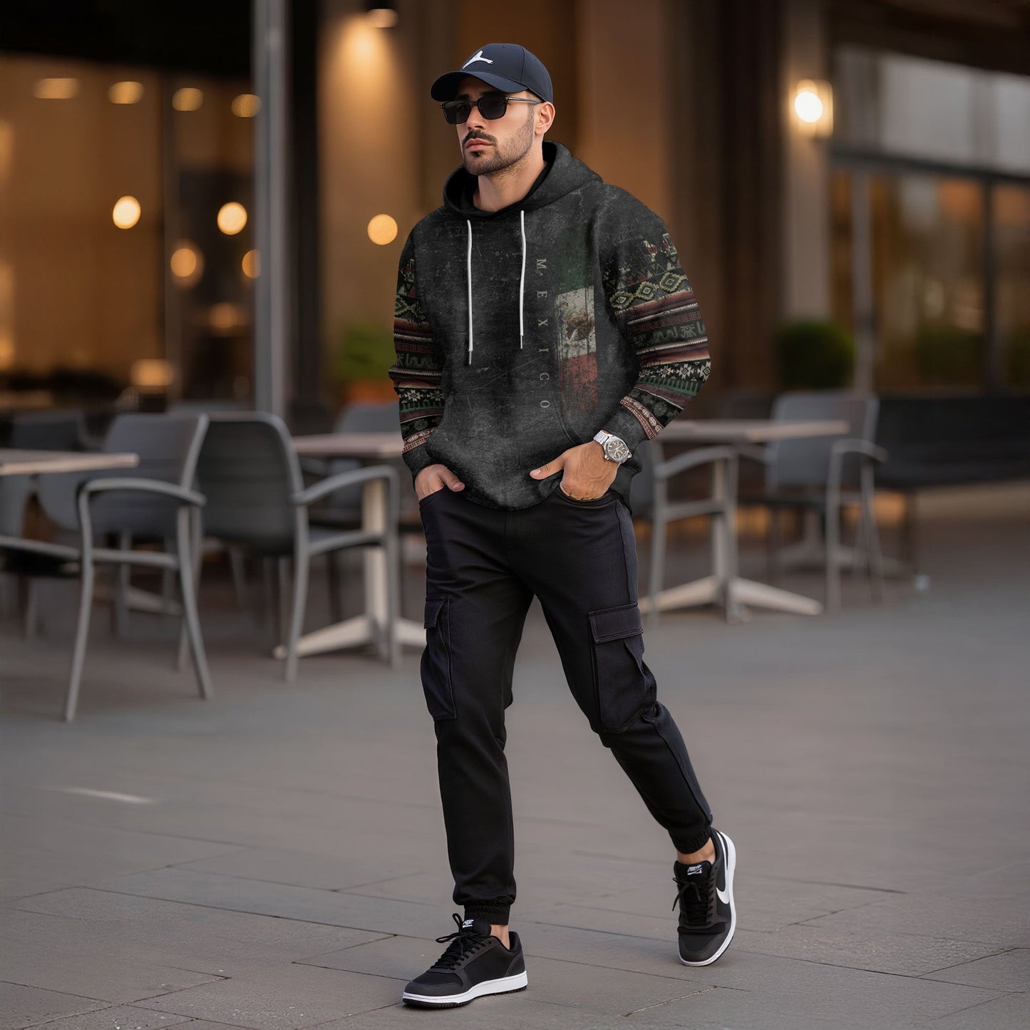 Mexican American Flag Distressed Tribal Pattern Heritage Mens Sudadera Hoodie
