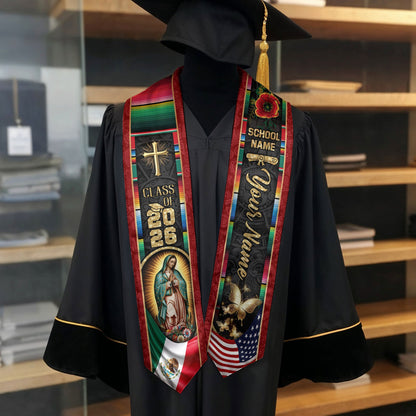Custom Mexican Graduation Stole 2026 Mexico Sash Virgin Mary Butterfly Aztec Patterns