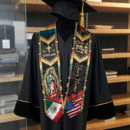 Custom Mexican Graduation Stole 2026 Virgin Mary Cross USA Flag Aztec Patterns Sash