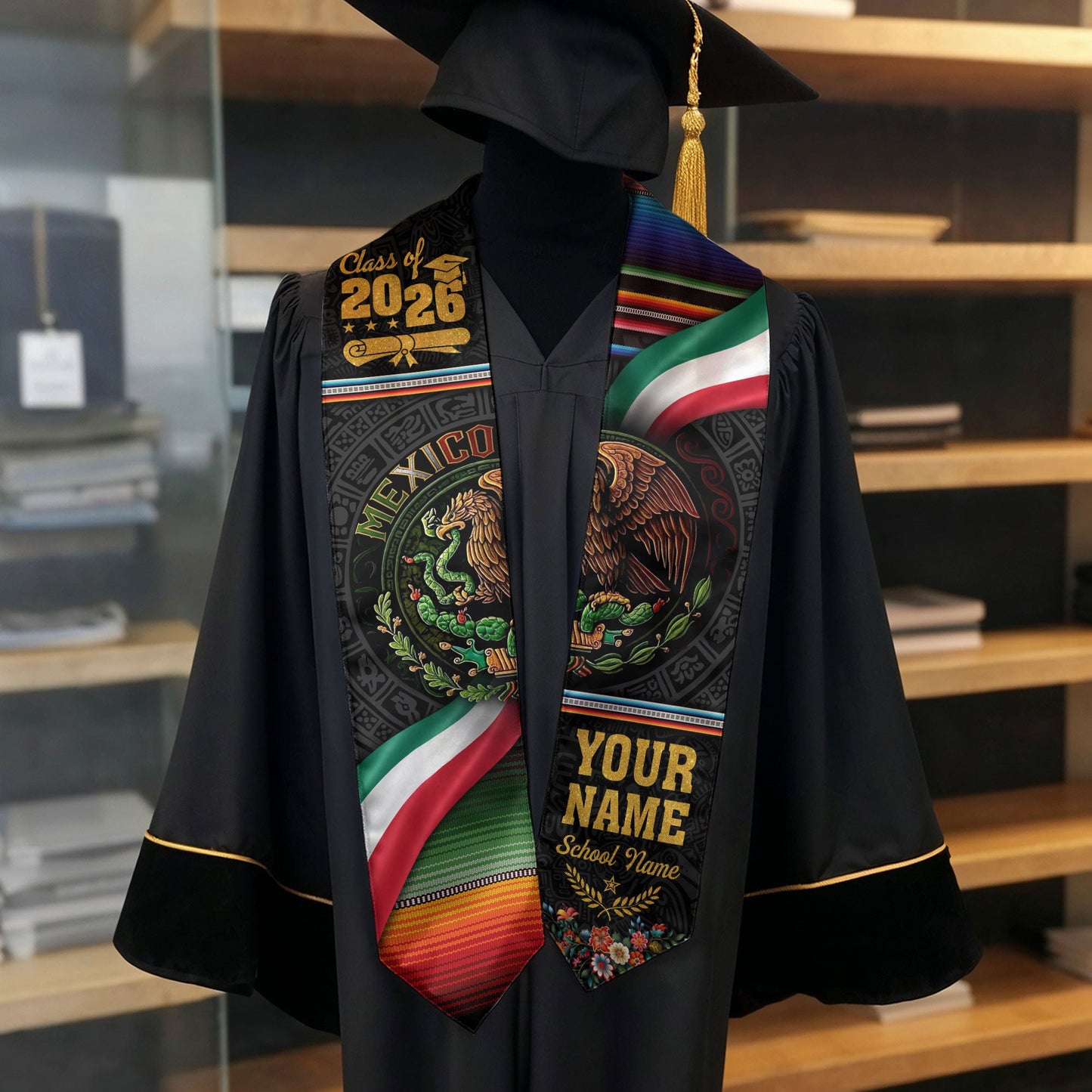 Mexican Graduation Stole Aztec Eagle Flag Serape Custom Mexico Sash 2026 Floral Crest