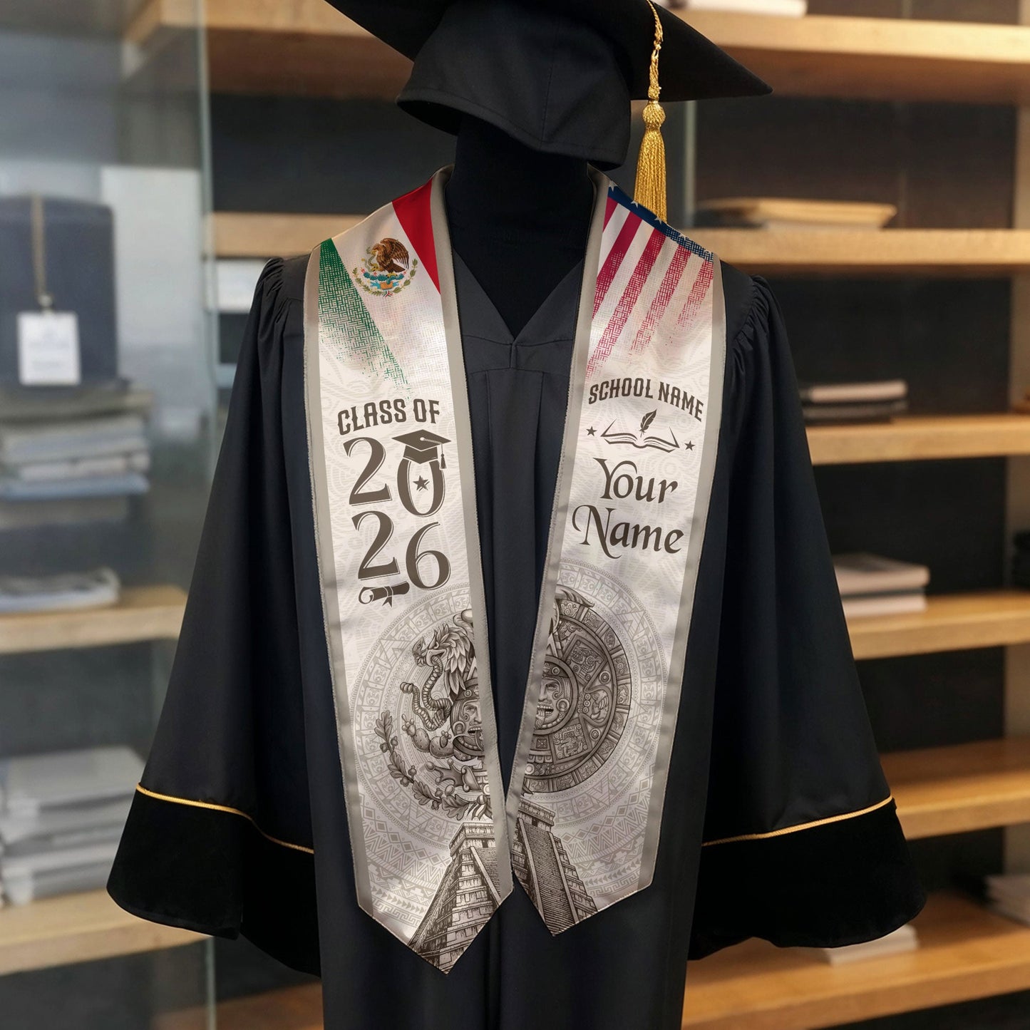 TEST BUNDLE - Mexican Graduation Stole Aztec Calendar Pyramid Eagle USA Mexico Flag Custom Sash (Copy)