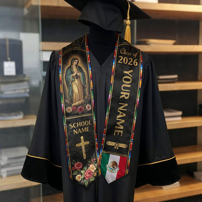 Mexican Graduation Stole Aztec Pattern Virgin Mary Cross Rose Flag Custom Sash 2026