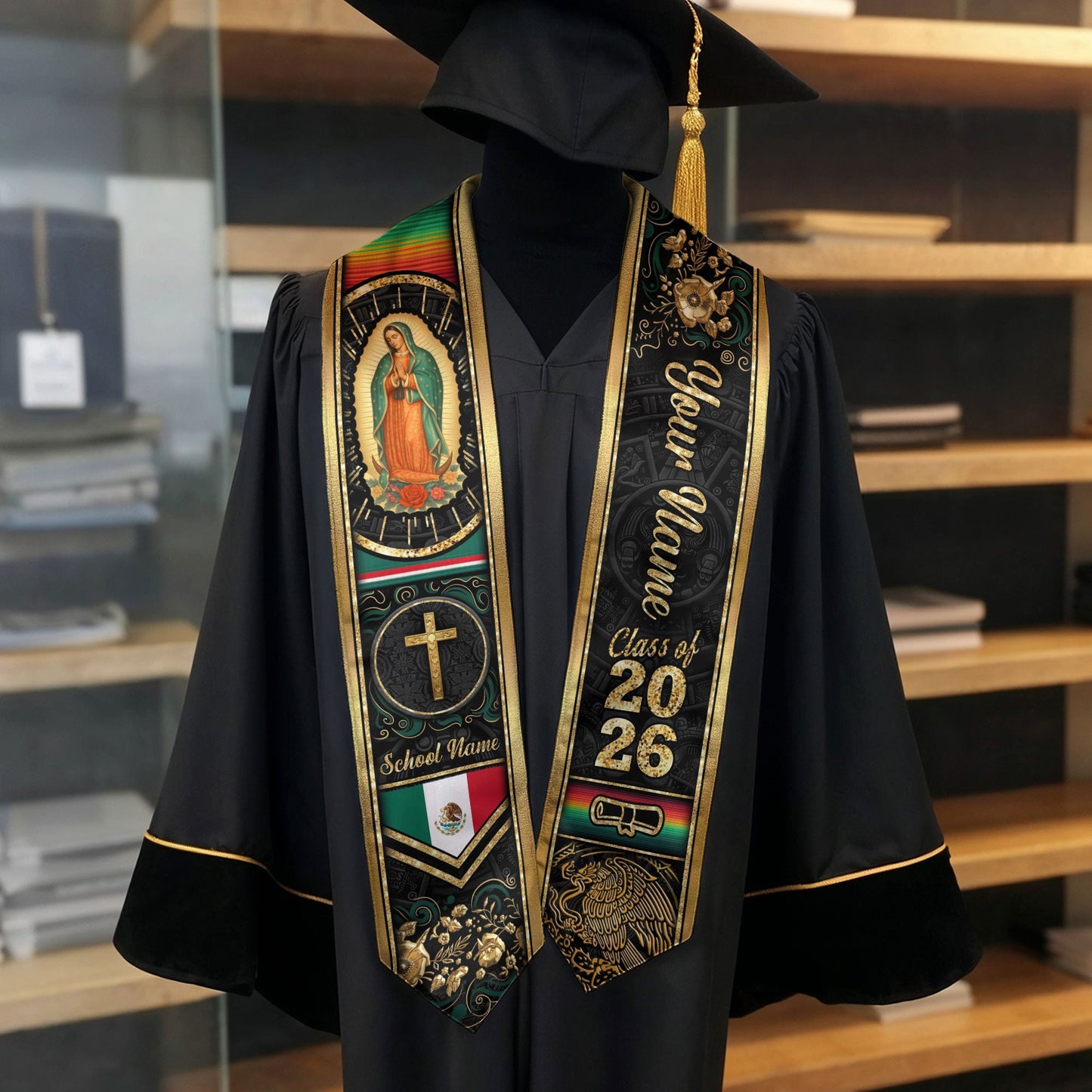 Mexican Graduation Stole Aztec Eagle Virgin Mary Cross Floral Flag Custom Sash