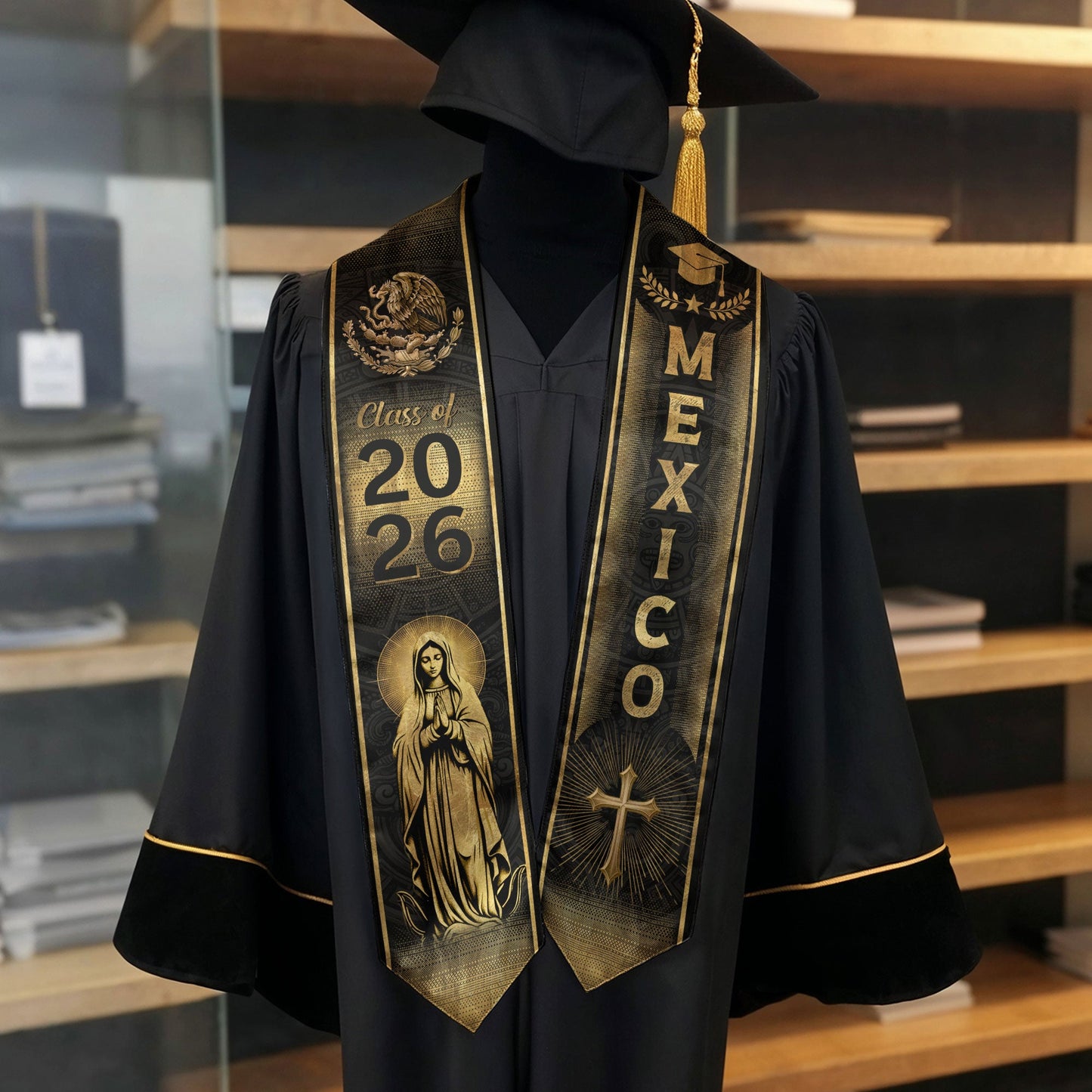 Mexican Graduation Stole Mexico Sash Aztec Eagle Virgin Mary Cross Class 2026