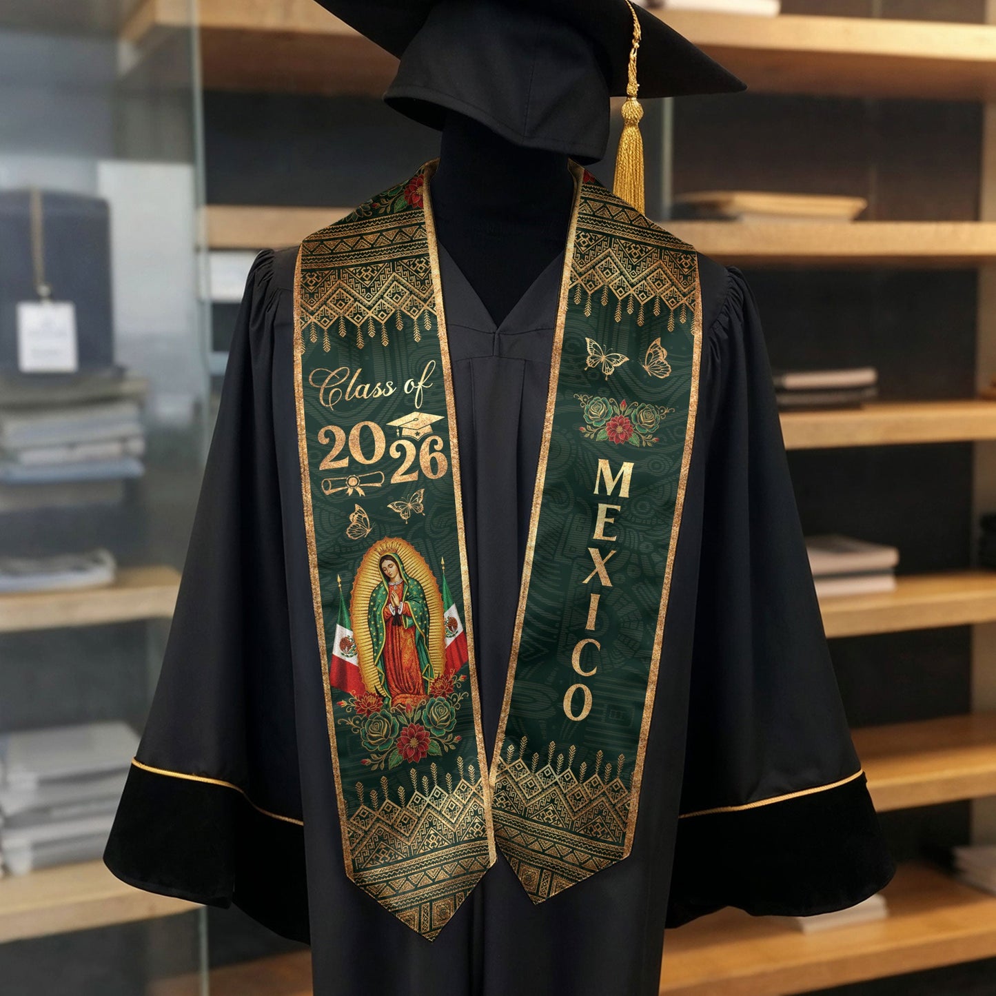 Mexico Roots Emerald Graduation Stole Virgen & Tradition Class of 2026