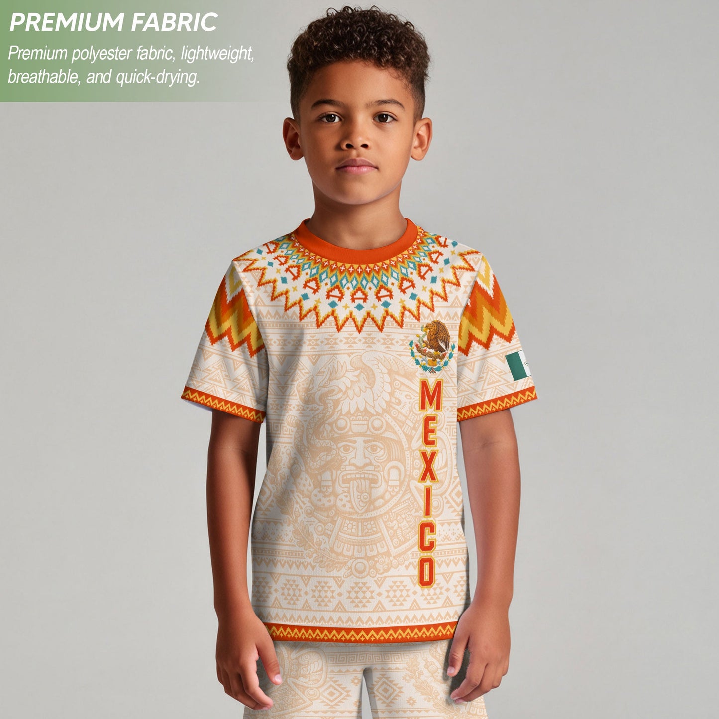 Beige Mexico Soccer Jersey Kids Set Aztec Calendar Mexican Youth Football Shirt Shorts