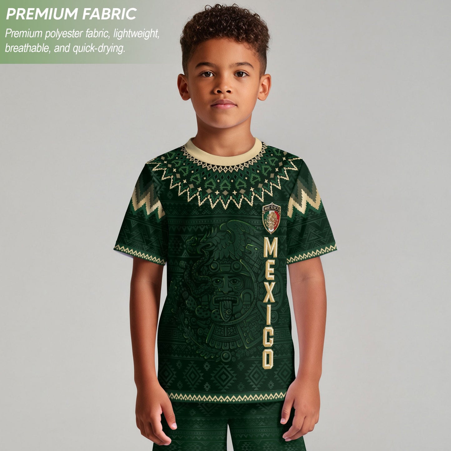 Mexico Soccer Jersey Kids Set Green Gold Aztec Calendar Youth Football Shirt Shorts
