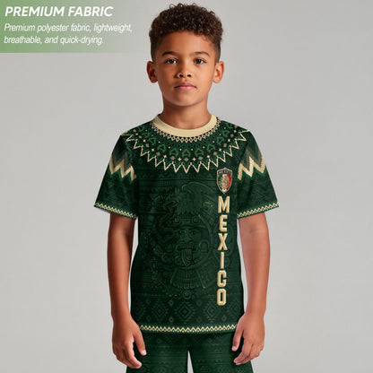 Mexico Soccer Jersey Kids Set Green Gold Aztec Calendar Youth Football Shirt Shorts