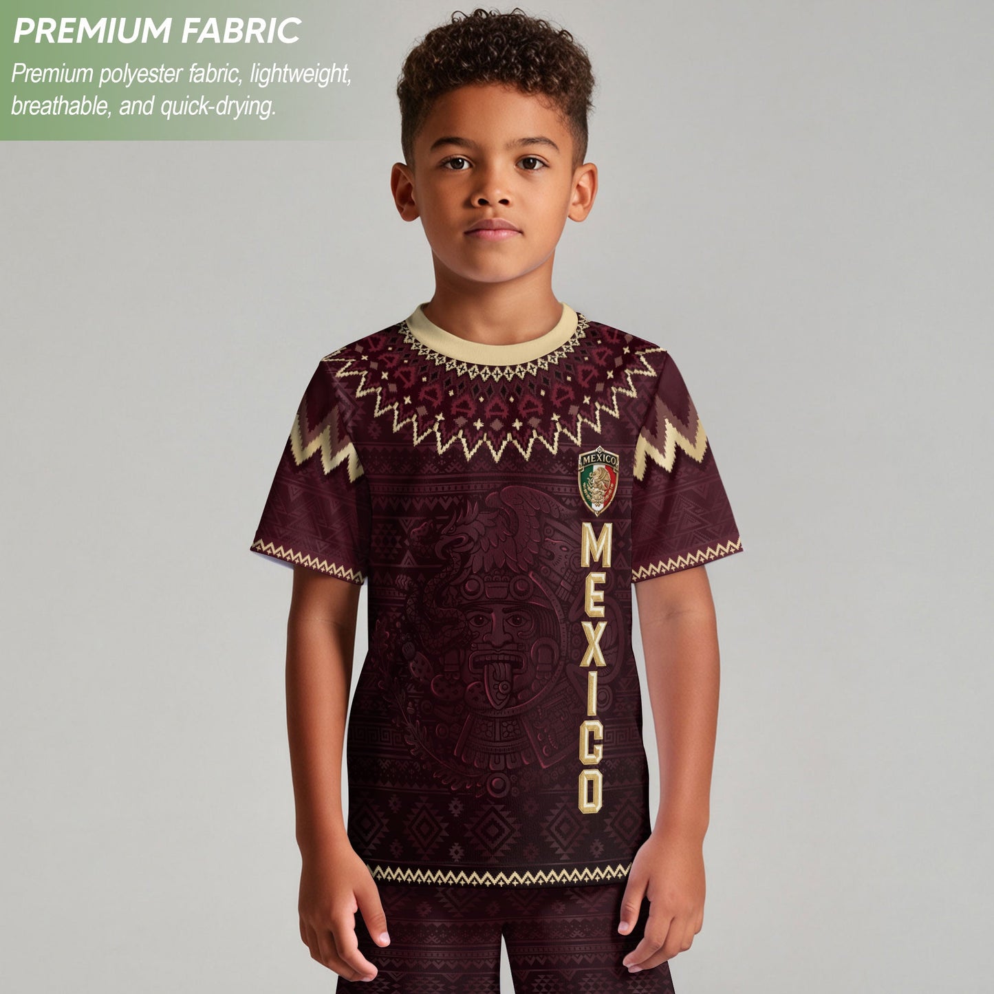 Mexico Soccer Jersey Kids Shorts Set Maroon Aztec Culture Youth Football Outfit Kit