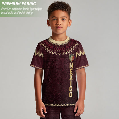 Mexico Soccer Jersey Kids Shorts Set Maroon Aztec Culture Youth Football Outfit Kit
