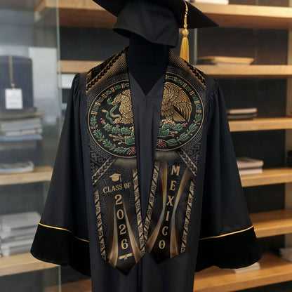 Mexican Graduation Stole Class of 2026 Aztec Calendar Eagle Emblem Gold Mexico Sash