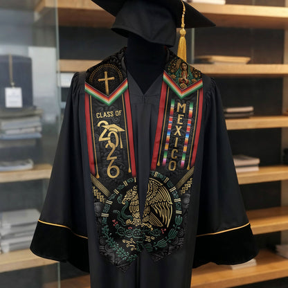 Mexican Graduation Stole Class of 2026 Aztec Calendar Eagle Cross Virgin Mary Mexico Sash