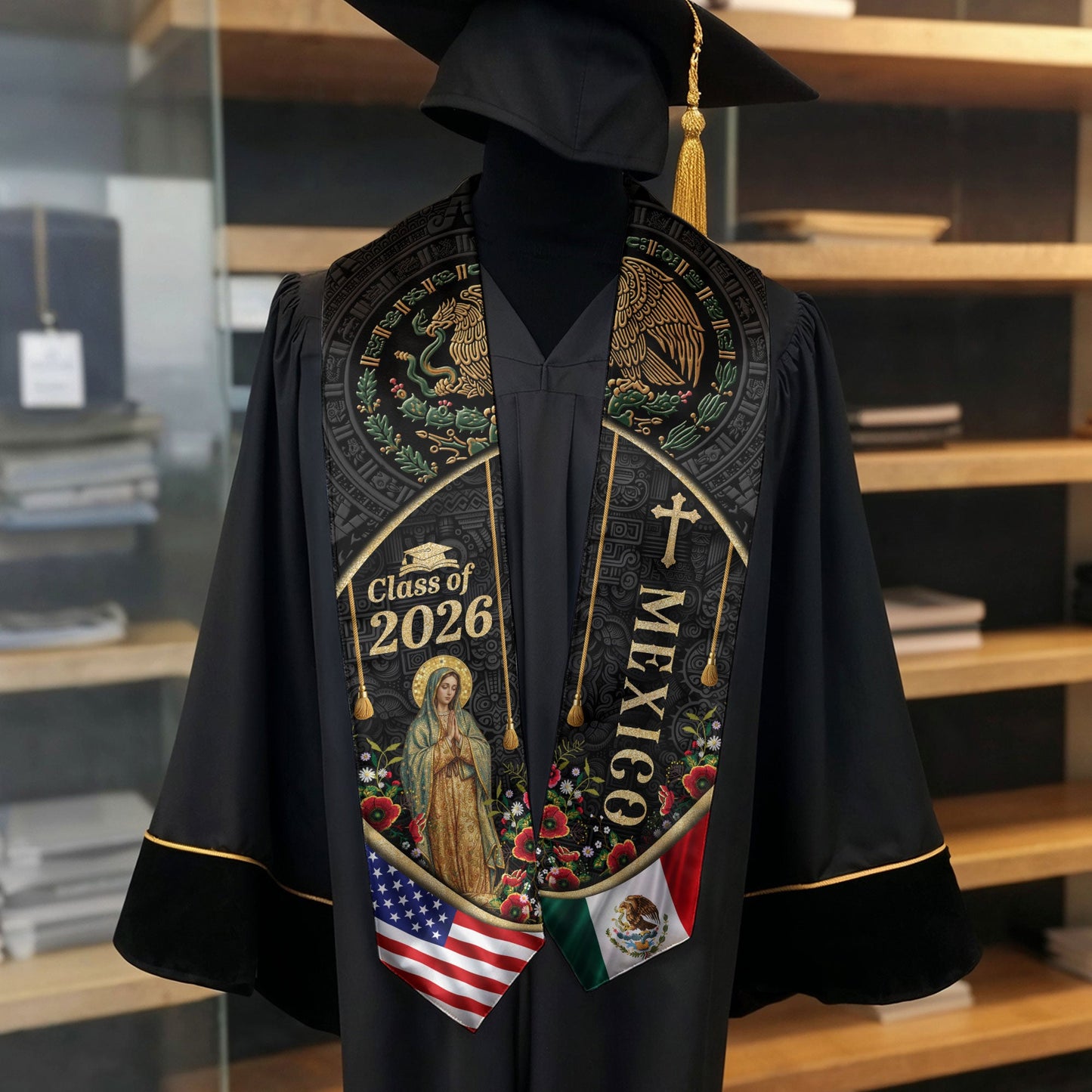 Mexican American Graduation Stole 2026, Virgin Mary & Eagle Heritage Serape