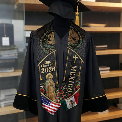 Mexican American Graduation Stole 2026, Virgin Mary & Eagle Heritage Serape