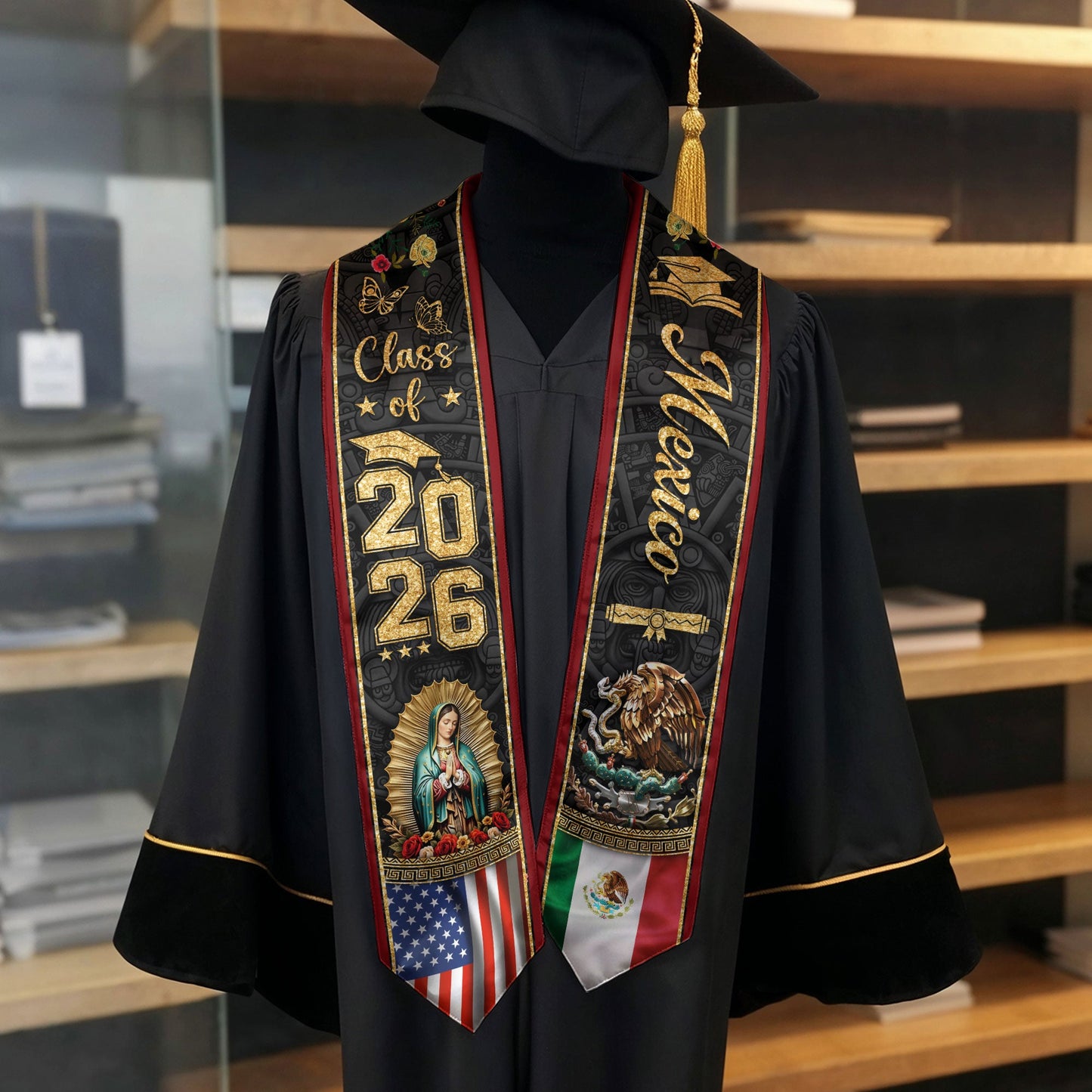 Graduation Stole Class of 2026 Mexico USA Guadalupe Dual Heritage Hispanic Sash