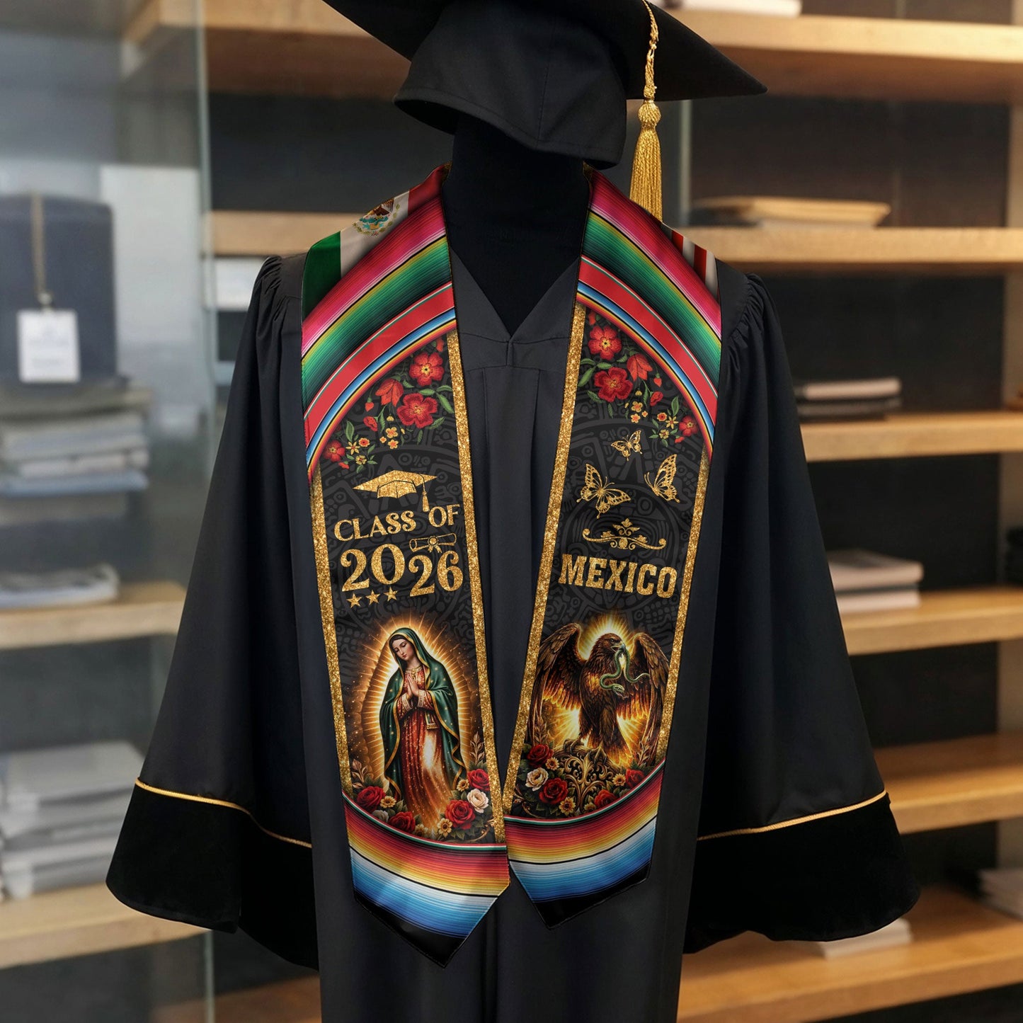 Mexico Graduation Stole Class of 2026 Virgin Mary Guadalupe Eagle US Flag Serape Sash