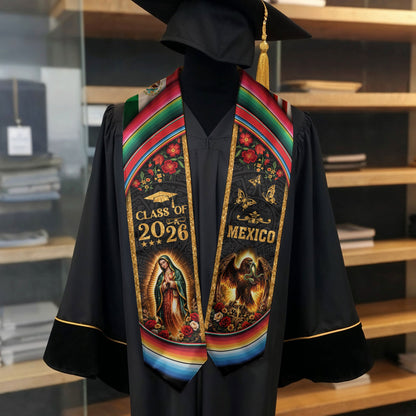 Mexico Graduation Stole Class of 2026 Virgin Mary Guadalupe Eagle US Flag Serape Sash