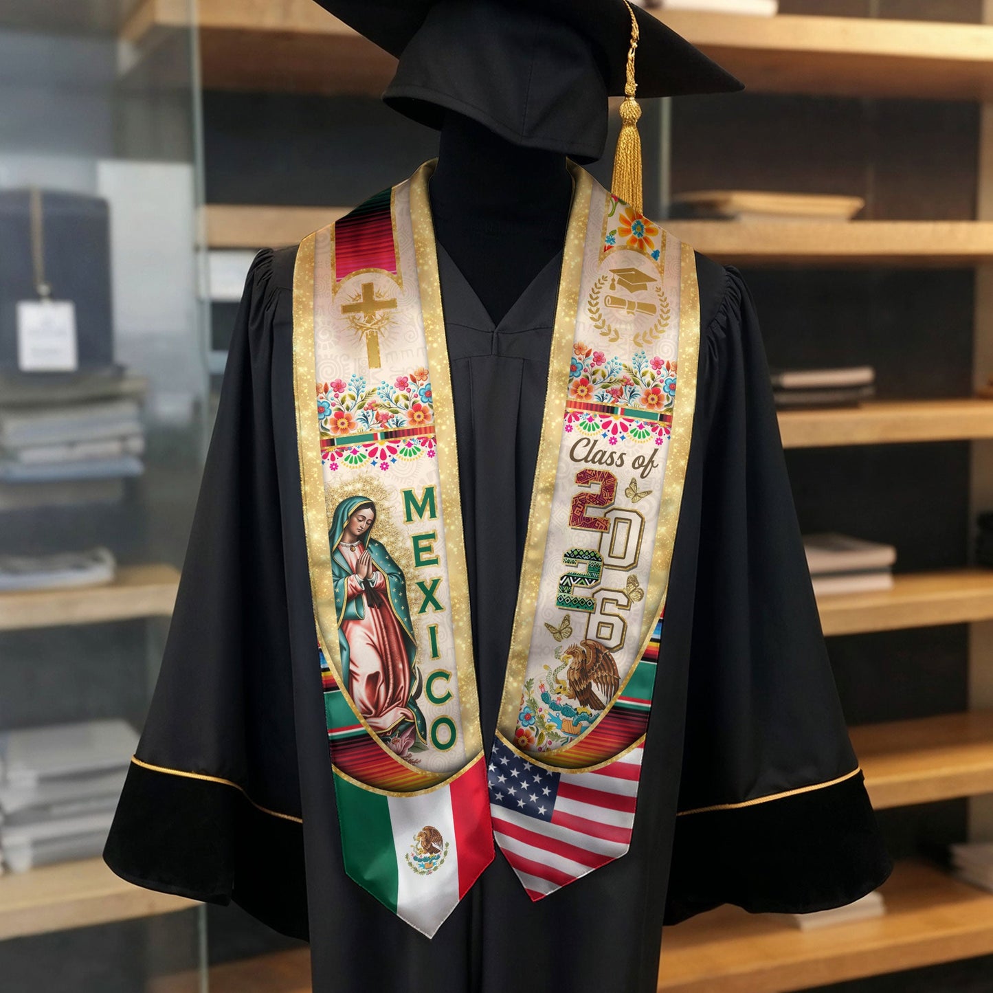 Mexican Graduation Stole Class of 2026 – Guadalupe Catholic Mexico Flag Sash