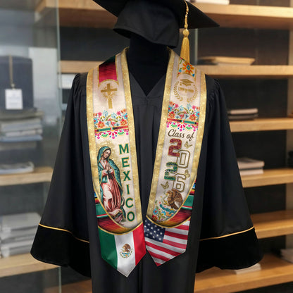 Mexican Graduation Stole Class of 2026 – Guadalupe Catholic Mexico Flag Sash