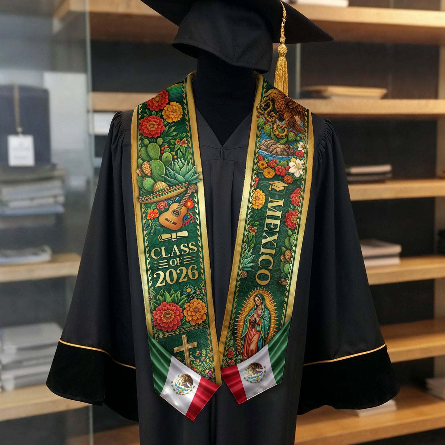 Mexico Graduation Stole Class of 2026 – Mexican Heritage Virgen Guadalupe Sash