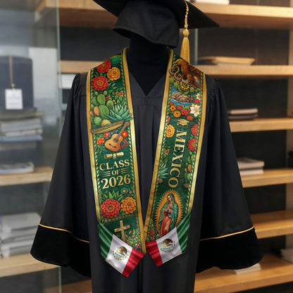 Mexico Graduation Stole Class of 2026 – Mexican Heritage Virgen Guadalupe Sash