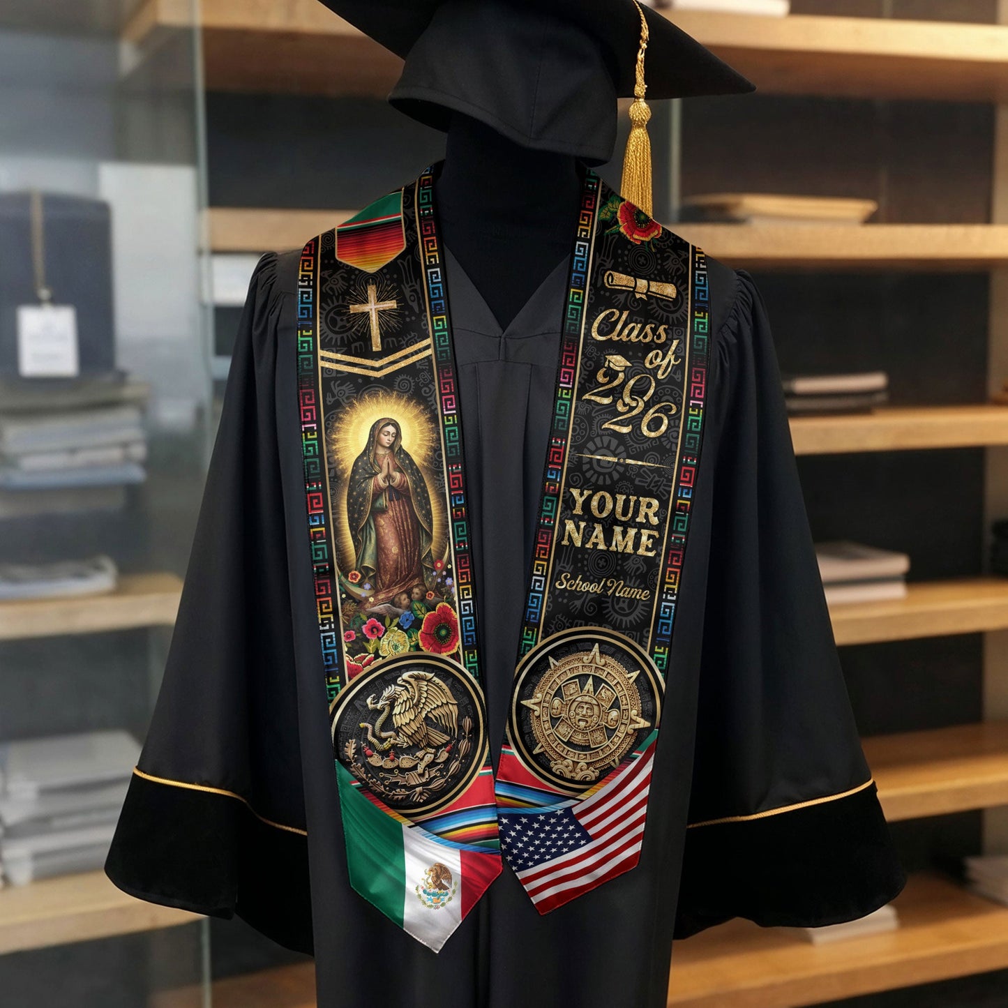 Custom Mexico USA Graduation Stole 2026 Virgin of Guadalupe Aztec Calendar Heritage Sash