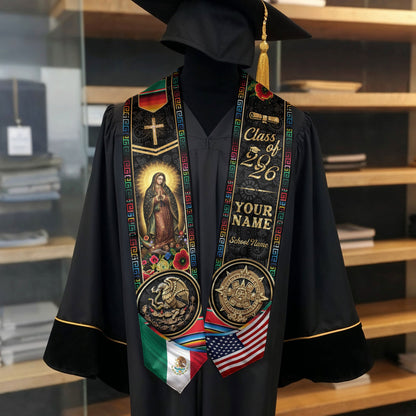 Custom Mexico USA Graduation Stole 2026 Virgin of Guadalupe Aztec Calendar Heritage Sash