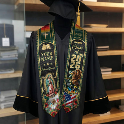 Custom Mexico USA Graduation Stole 2026 Virgin of Guadalupe Eagle Mexican American Heritage Sash