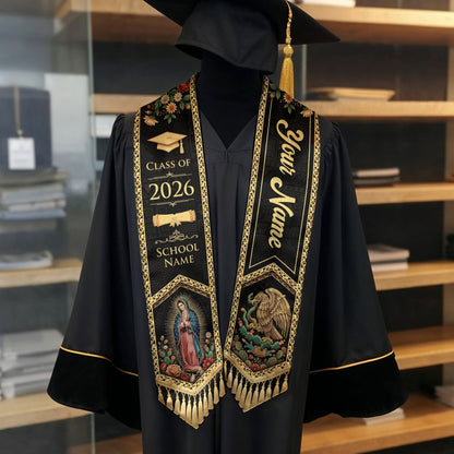 Mexico Graduation Stole Custom Name Class of 2026 Virgin Mary Aztec Eagle Heritage Sash