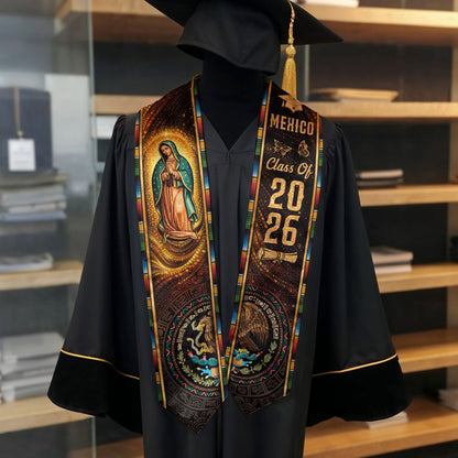 Mexico Graduation Stole Class of 2026 Virgin of Guadalupe Aztec Calendar Serape Sash