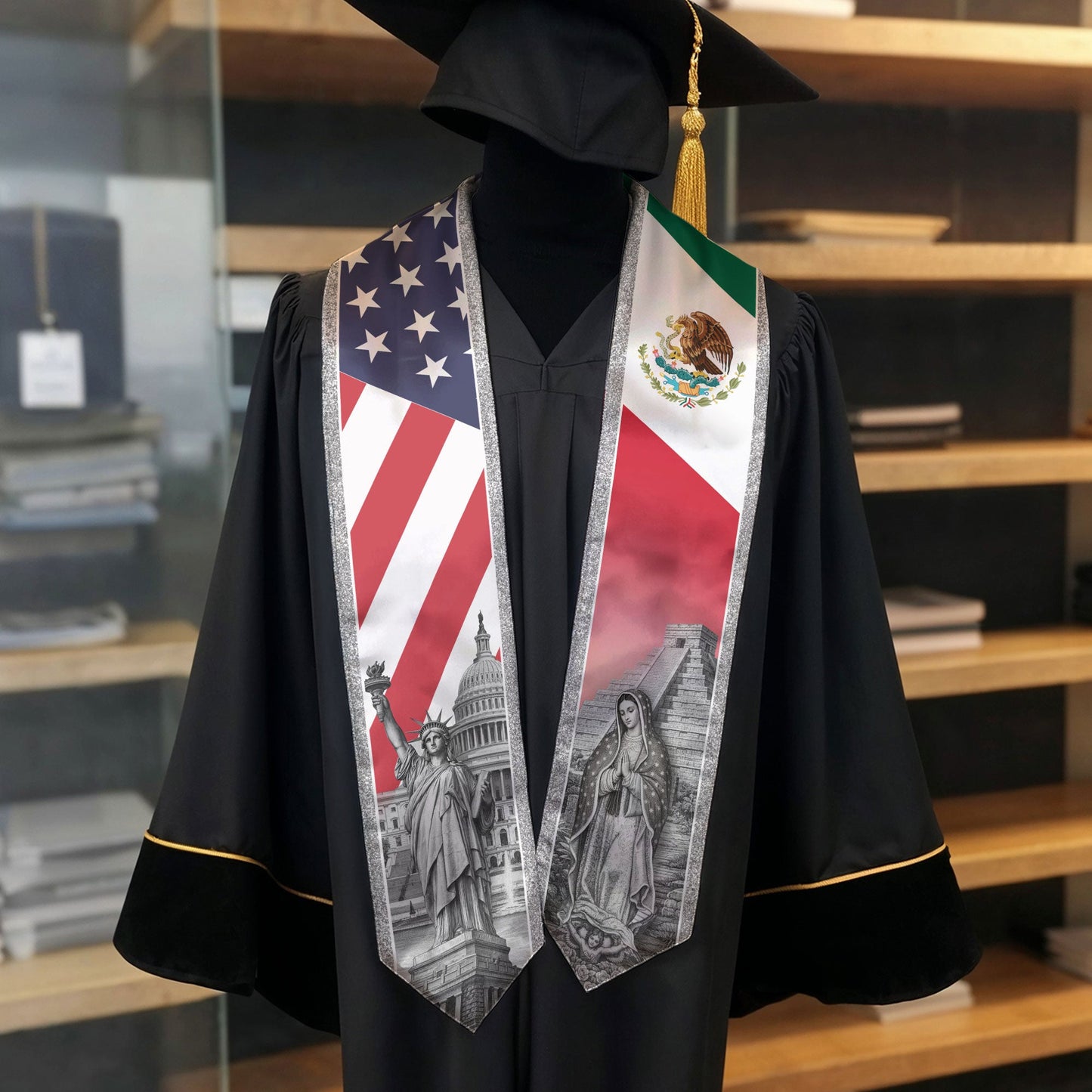 Mexican American Graduation Stole - Silver Glitter Mexico USA Flag Sash