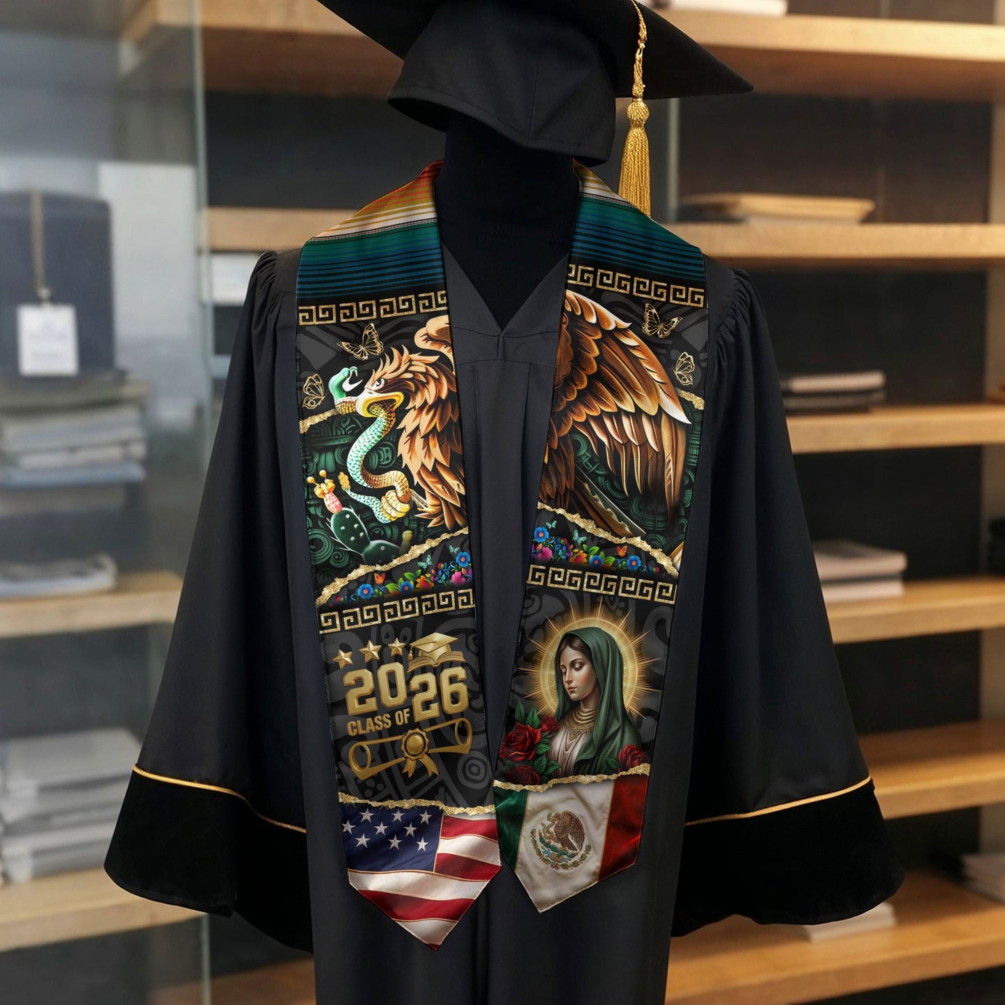 Mexican Graduation Stole 2026, Graduation Sash Mexico, Eagle Serpent Mexican Flag Stole, Mexico Graduation Sash
