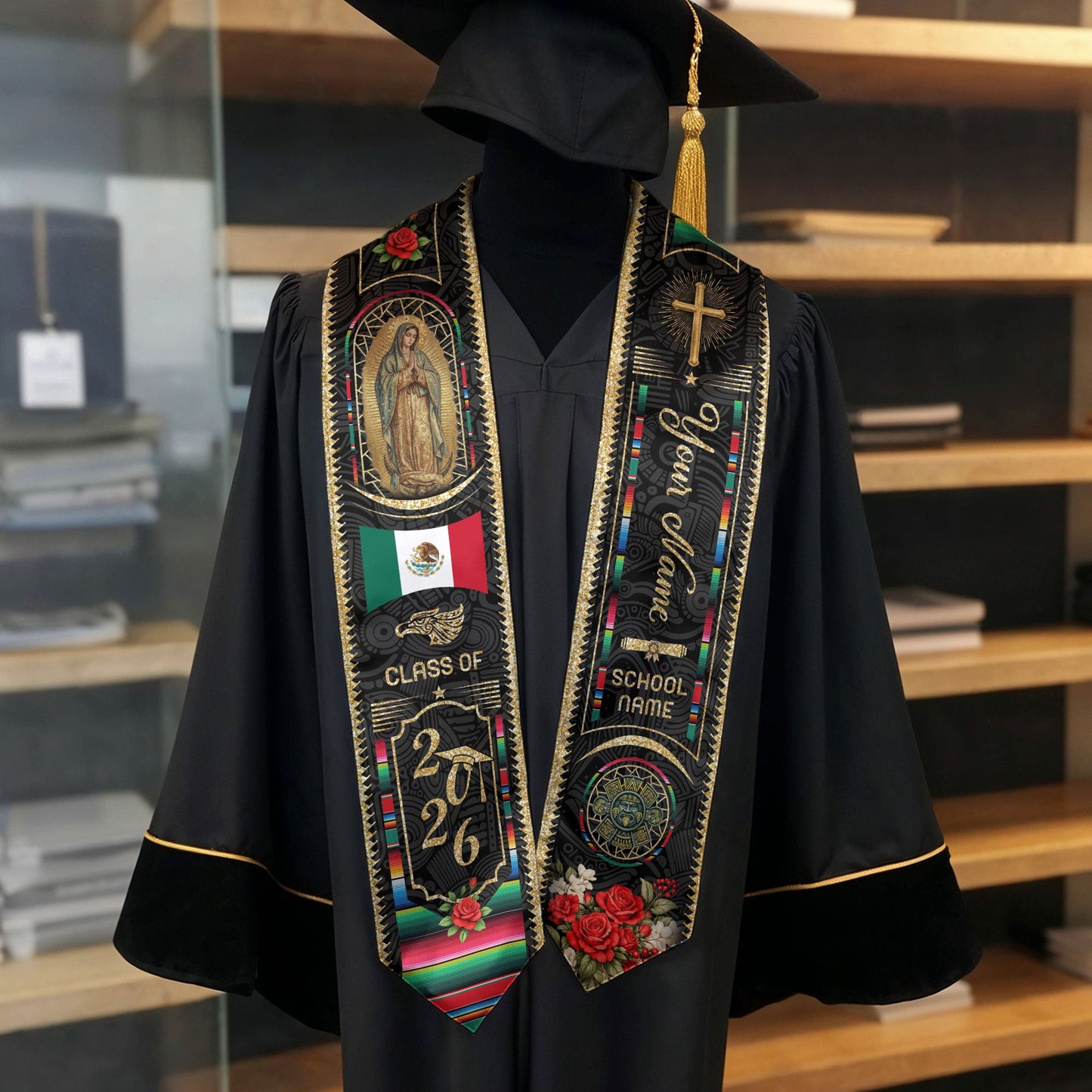 Custom Mexico Graduation Stole 2026 - Virgin of Guadalupe & Serape Aztec Sash
