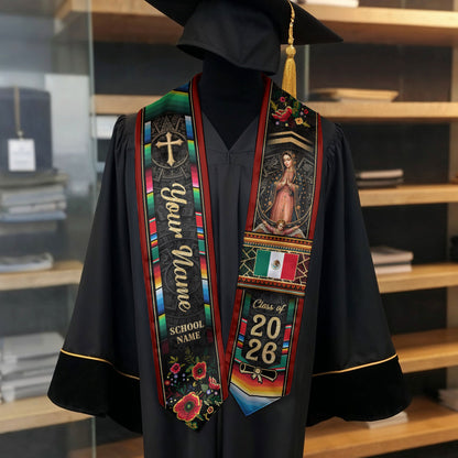 Custom Mexico Graduation Stole 2026 - Mexican Red Serape & Virgin of Guadalupe Sash