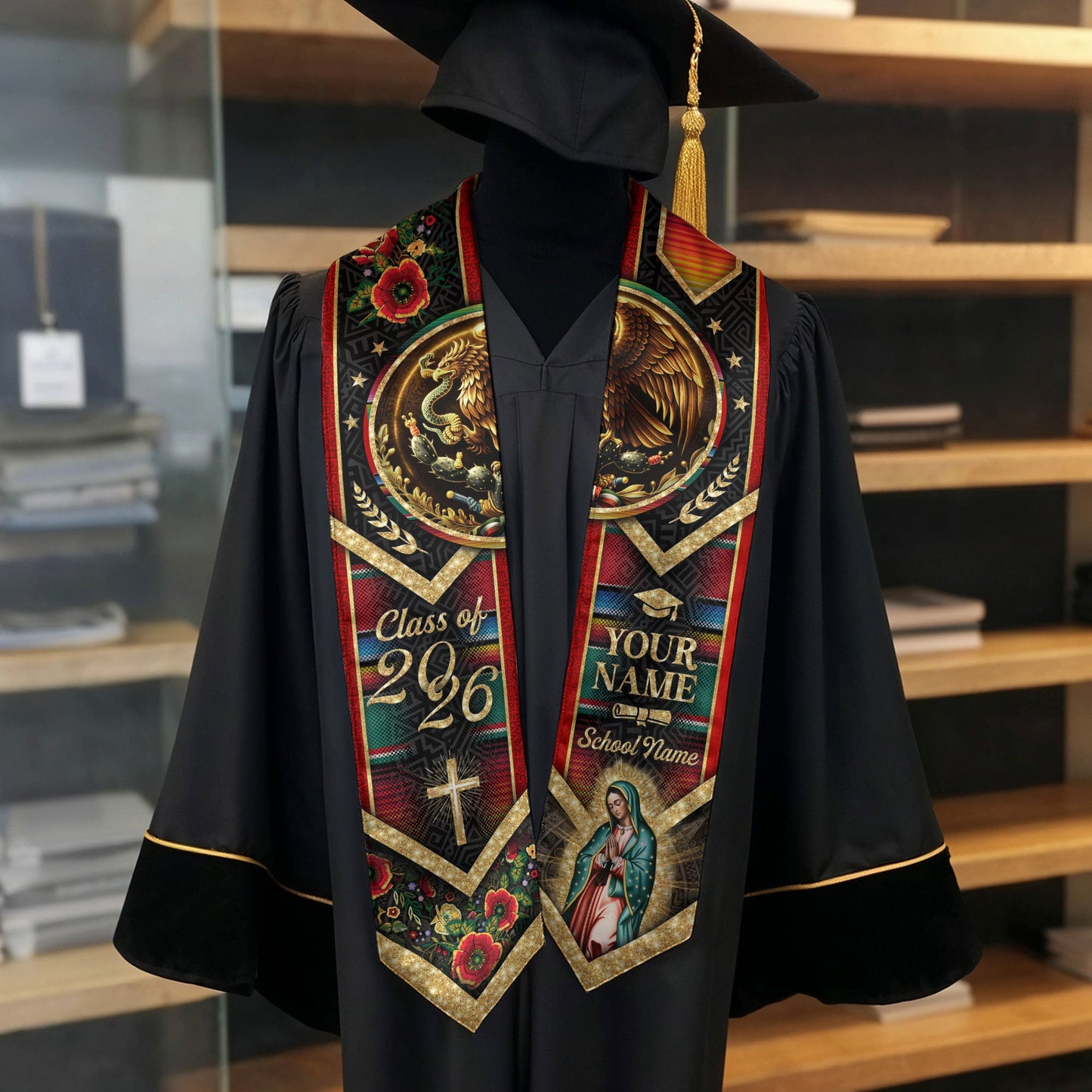 Custom Mexico Graduation Stole 2026 – Guadalupe Eagle Serape Sash Gift