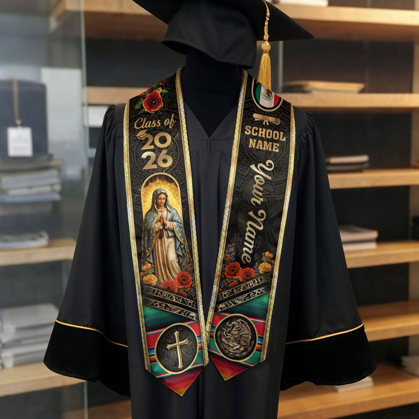 Mexico Class of 2026 Graduation Stole Custom Name Guadalupe Cross Sash