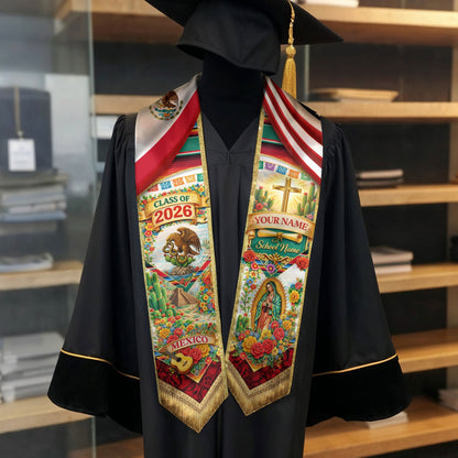 Custom Mexico Graduation Stole 2026 – Eagle Guadalupe USA Flag Serape Sash