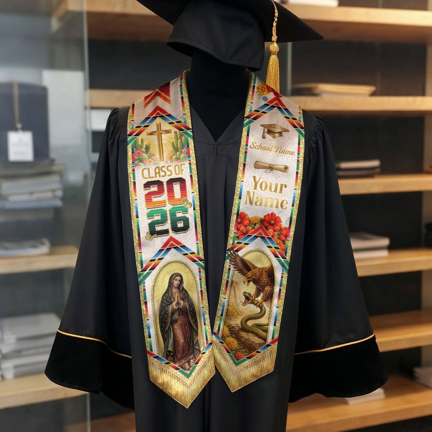 Mexico Graduation Stole Custom 2026 Guadalupe Eagle Cross Serape Sash Gift