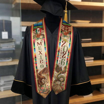 Mexico Graduation Stole 2026 Eagle Serpent Aztec Pyramid Serape Cultural Heritage Design