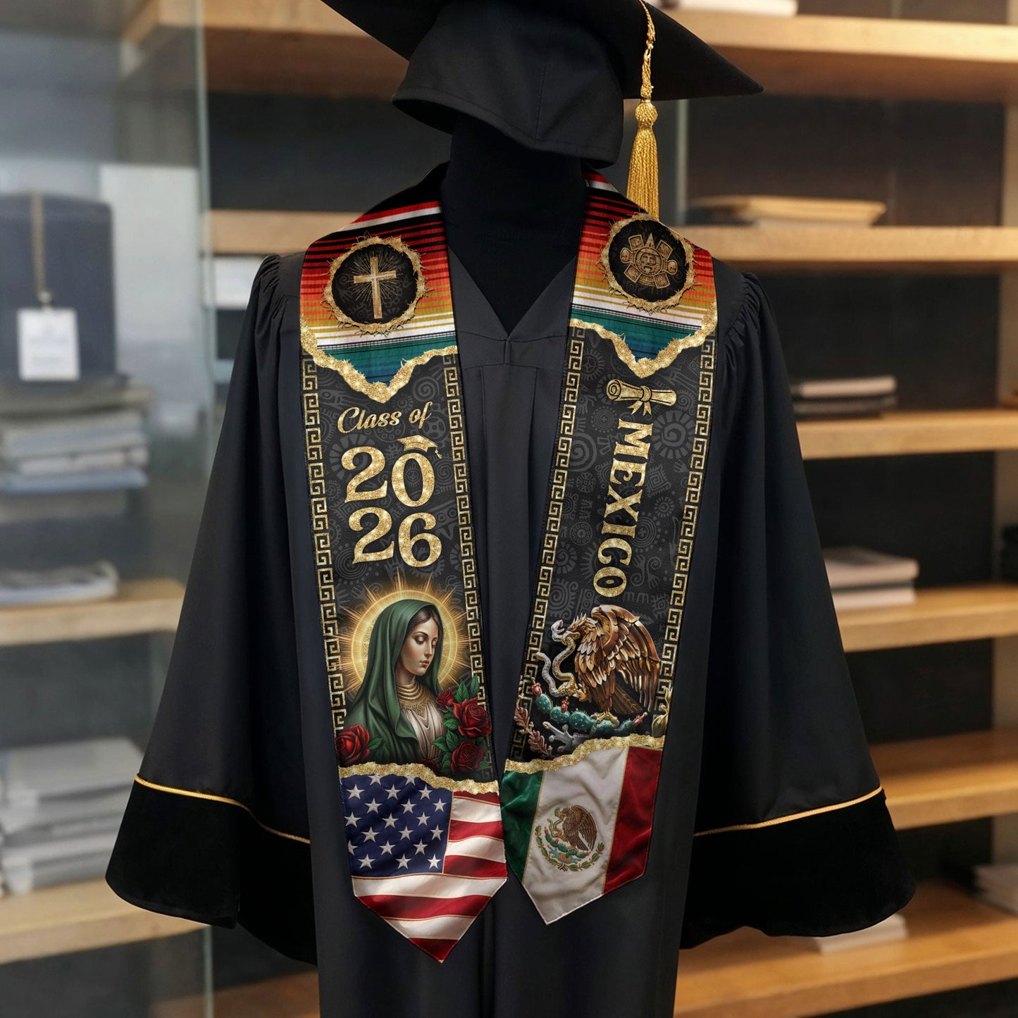 Mexico USA Graduation Stole 2026 - Dual Flag Heritage Sash Virgin Mary Floral Stole