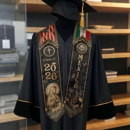 Mexico Graduation Stole Class of 2026 - Virgin Mary Gold Heritage Catholic Sash