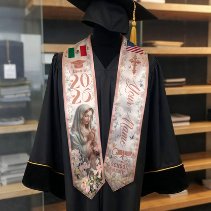 Custom Mexican American Graduation Stole 2026 Virgin Mary Floral Mexico USA Flag Sash