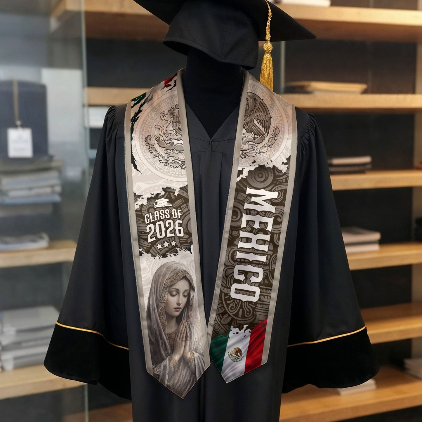 Mexico Graduation Stole Class of 2026 Virgin Mary Guadalupe Heritage Sash Gift