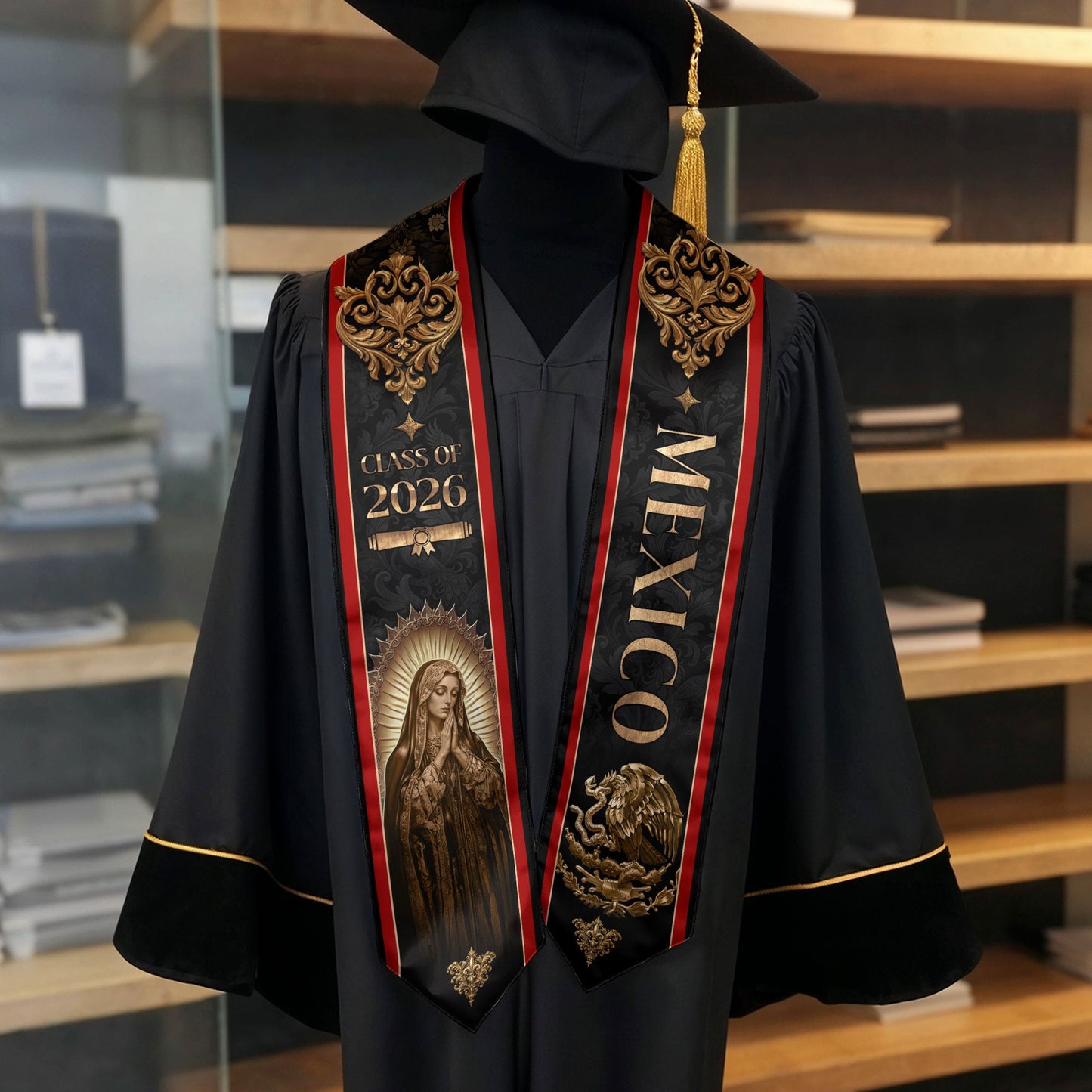 Mexico Graduation Stole 2026 Virgin Mary Gold Eagle Black Luxury Heritage Sash
