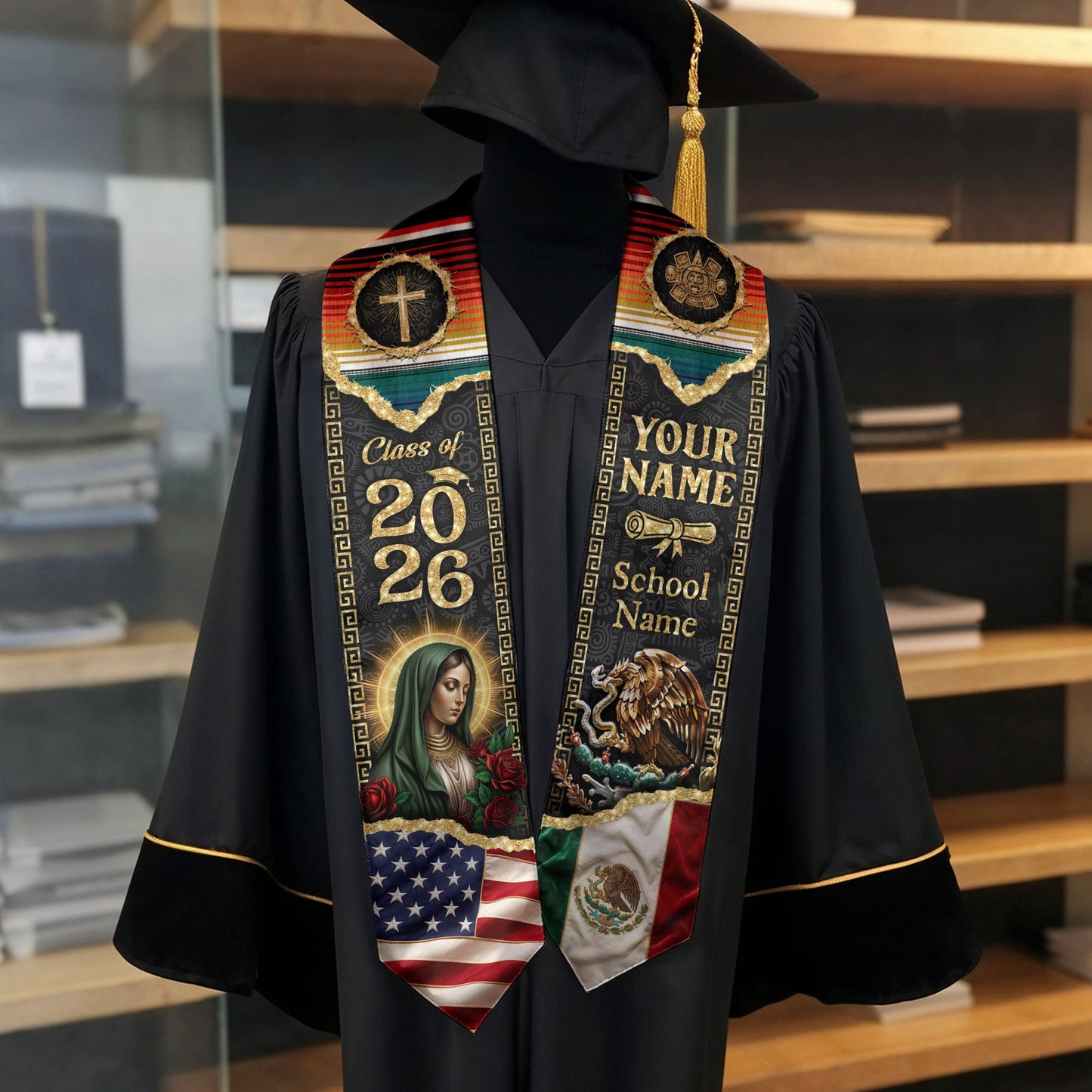 Mexico Graduation Stole 2026 Personalized Name USA Mexican Flag Pride Sash